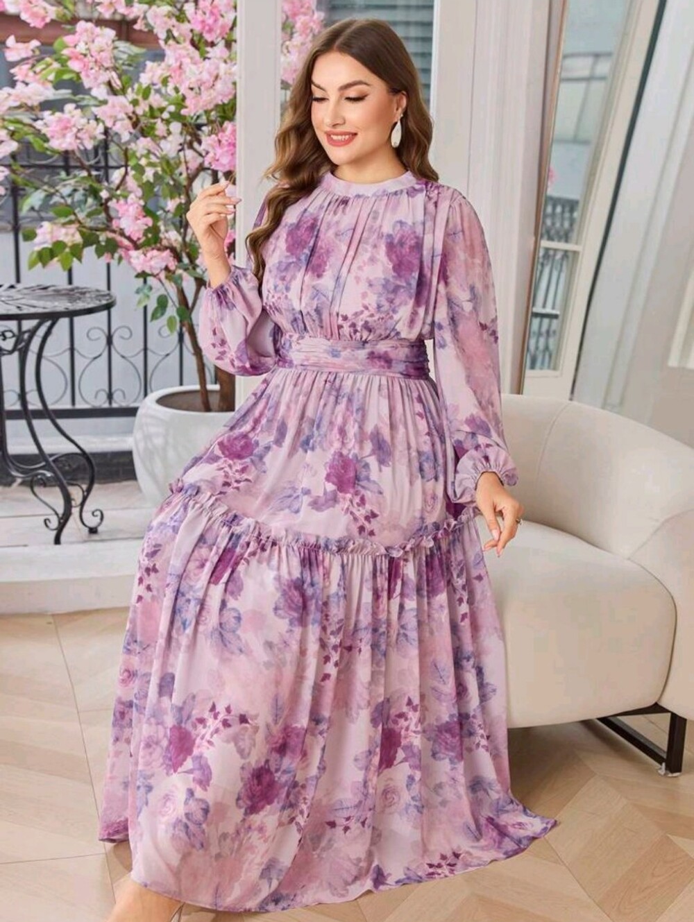 SHEIN Lavender Floral Long Sleeve Maxi Dress